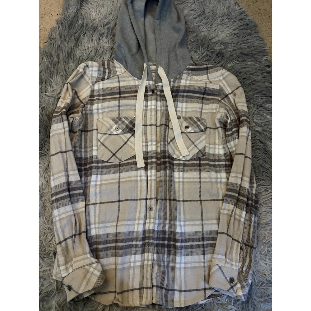 Columbia Plaid Flannel Shirt Jacket Hoodie Beige Gray Men's small‎
